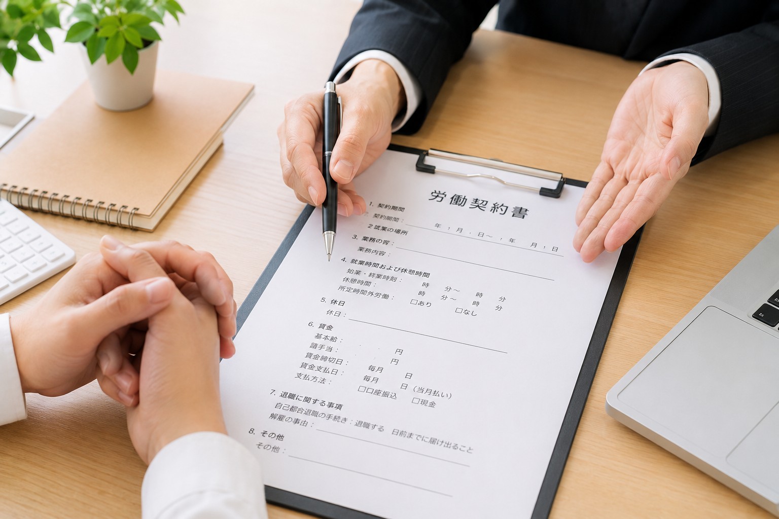 労働契約書の内容を確認する労働者と雇用主
